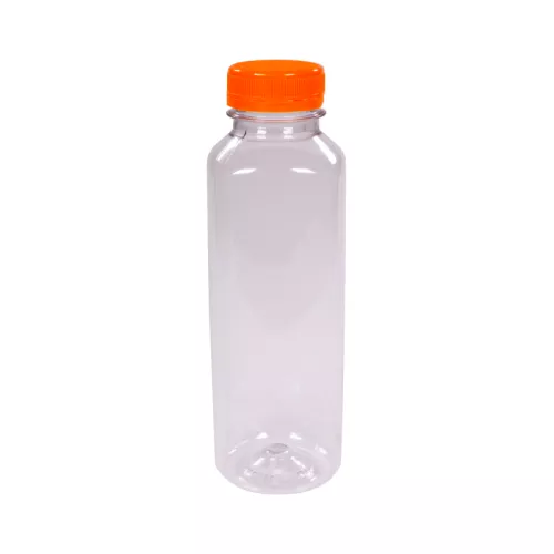 Butelka plastikowa rPET kwadratowa 400 ml śr. 2/38 mm gładka light z nakrętką pomarańczową