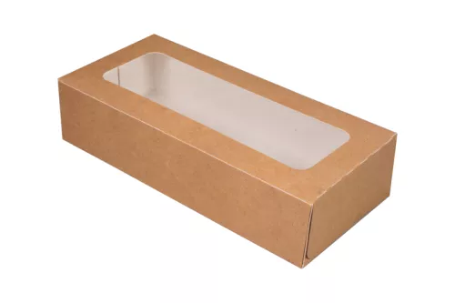 Pudełko papierowe 22×10×5 cm (HP02) barierowe kraft z okienkiem do sushi, ciast i nie tylko