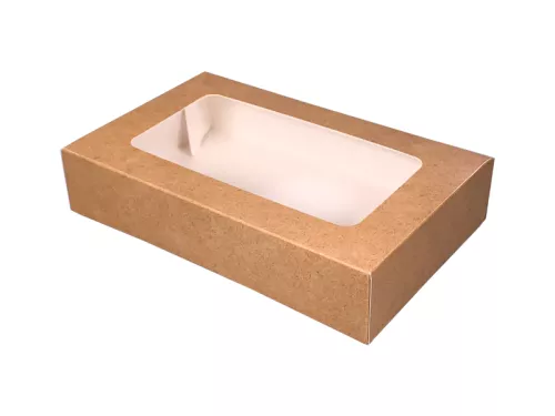 Pudełko papierowe 24×15×5 cm (HP09) barierowe kraft z okienkiem do sushi, ciast i nie tylko