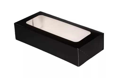 Pudełko papierowe 22×10×5 cm (HP02) barierowe czarne z okienkiem do sushi, ciast i nie tylko