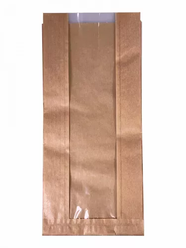 Torba papierowa fałdowa 35x15x9 cm brązowa kraft z okienkiem z folii PP