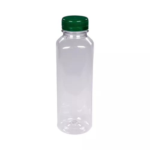 Butelka plastikowa rPET kwadratowa 400 ml śr. 2/38 mm gładka light z nakrętką zieloną