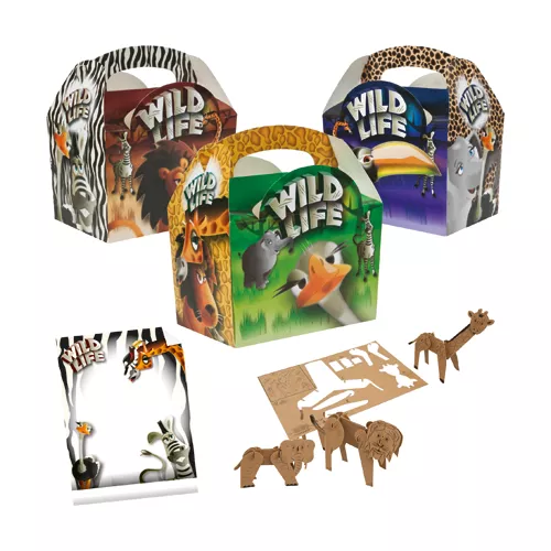 Pudełko z uchwytem z motywem WILD LIFE + kartonowe figurki zwierząt (mix)