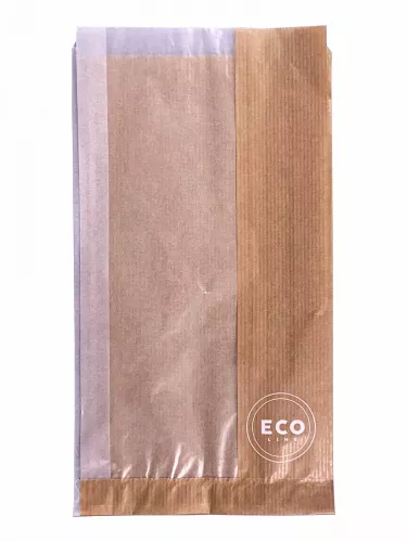 Torba papierowa fałdowa 28x15x4 cm brązowa 100% ECO z okienkiem papierowym w fałdzie