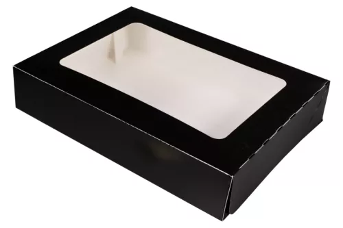 Pudełko papierowe 26×19×5 cm (HP11) barierowe czarne z okienkiem do sushi, ciast i nie tylko