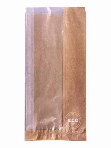 Torba papierowa fałdowa 33x15x4 cm brązowa 100% ECO z okienkiem papierowym w fałdzie