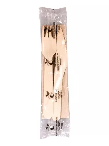 Zestaw – widelec, nóż drewniane; serwetka eco natural; folia PLA