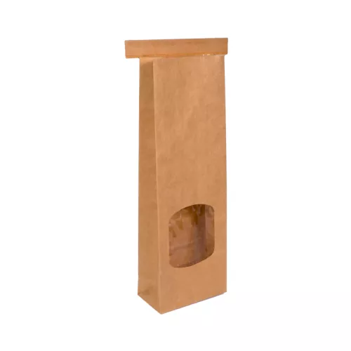 Torebka papierowa 260x90x45 mm klockowa laminowana z okienkiem i zamknięciem