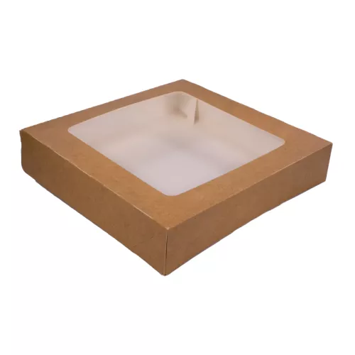 Pudełko papierowe 25×25×5 cm (HP20) barierowe kraft z okienkiem do sushi, ciast i nie tylko