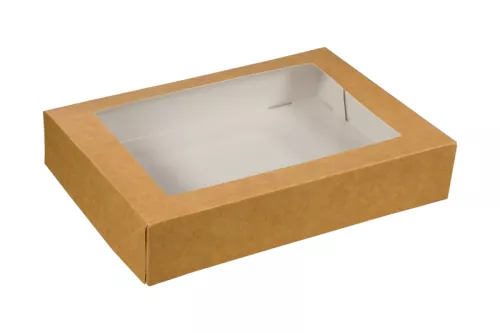Pudełko papierowe 26x19x5cm (HP11) laminowane brązowo-białe z okienkiem do sushi i nie tylko