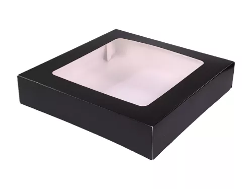 Pudełko papierowe 25×25×5 cm (HP20) barierowe czarne z okienkiem do sushi, ciast i nie tylko