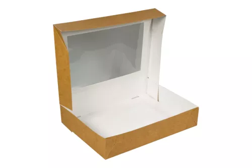 Pudełko papierowe 26x19x5cm (HP11) laminowane brązowo-białe z okienkiem do sushi i nie tylko