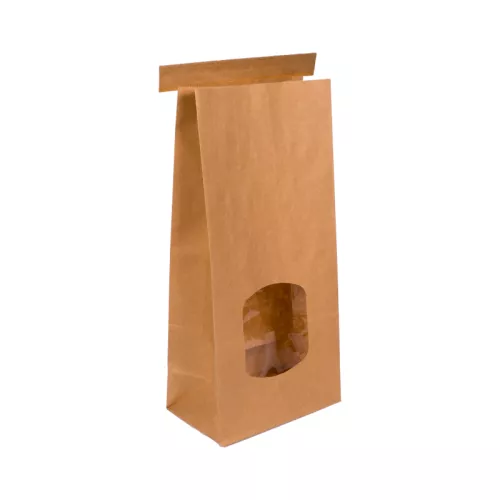Torebka papierowa 245x115x70 mm klockowa laminowana z okienkiem i zamknięciem