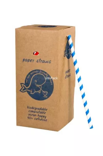 SŁOMKA PAPIEROWA ŚR.6 MM 20 CM W PASKI BIAŁO- NIEBIESKIE W PUDEŁKU