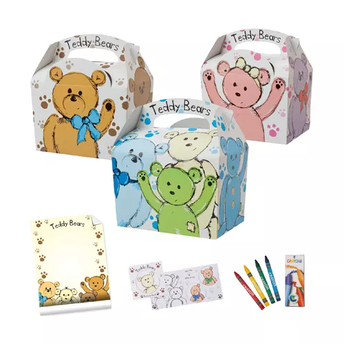 Pudełko z uchwytem z motywem PLUSZOWE MISIE / TEDDY BEARS + zeszyt z zadaniami i kredki (mix)