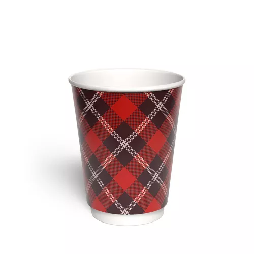 Kubek papierowy 2-warstwowy CIEMNA KRATKA 300 ml śr. 90 mm, czerwony (z logo żółw)