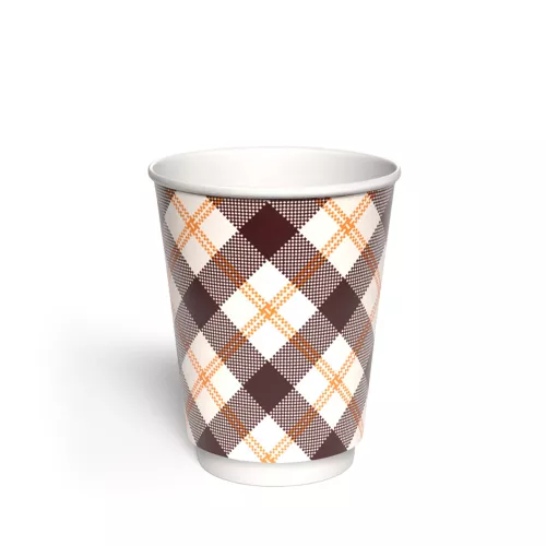 Kubek papierowy 2-warstwowy JASNA KRATKA 300 ml śr. 90 mm, brązowy (z logo żółw)