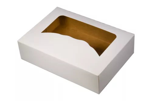 KARTONIK NA TORTY BIAŁO-BRĄZOWY Z OKIENKIEM 31X22X8CM