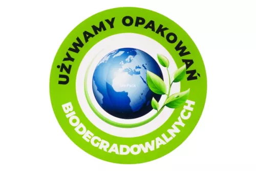 Naklejka ”UŻYWAMY OPAKOWAŃ BIODEGRADOWALNYCH”