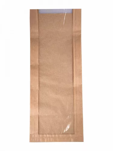 Torba papierowa fałdowa 43x17x6 cm brązowa kraft z okienkiem perforowanym z folii PP w fałdzie