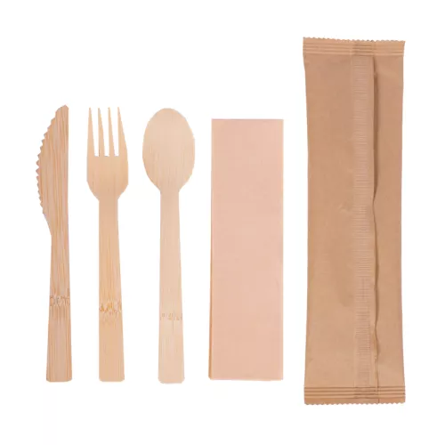 Zestaw – widelec, nóż, łyżka bambusowe + serwetka eco, w papierku