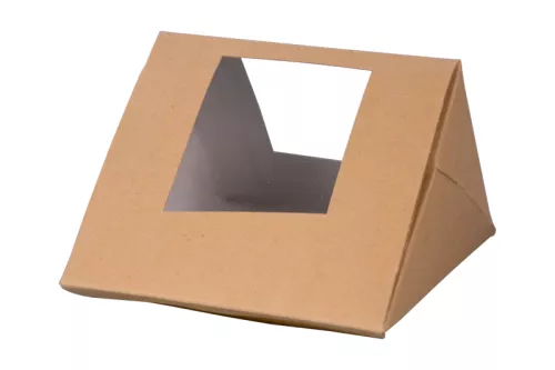 Trójkątne pudełko na kanapki piramida z okienkiem 100x100x140 / 70(h)mm brązowe