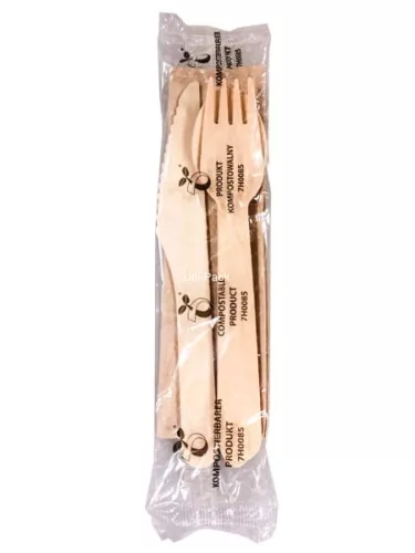 Zestaw - widelec, nóż, łyżka drewniane; serwetka eco natural; folia PLA