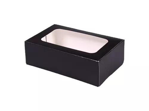 Pudełko papierowe 16×10×5 cm (HP01) barierowe czarne z okienkiem do sushi, ciast i nie tylko