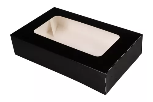 Pudełko papierowe 22×14×5 cm (HP07) barierowe czarne z okienkiem do sushi, ciast i nie tylko