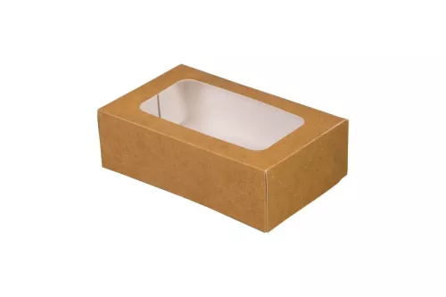 Pudełko papierowe 16×10×5 cm (HP01) barierowe kraft z okienkiem do sushi, ciast i nie tylko