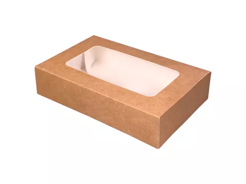 Pudełko papierowe 22×14×5 cm (HP07) barierowe kraft z okienkiem do sushi, ciast i nie tylko