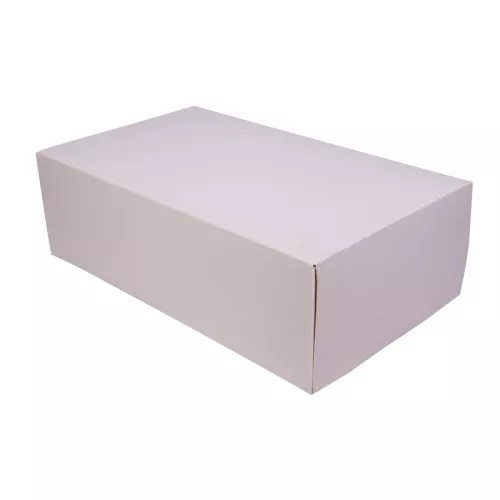 Kartonik na ciasto 25x15x8 cm z klapą, składany z tektury litej, biało-brązowy