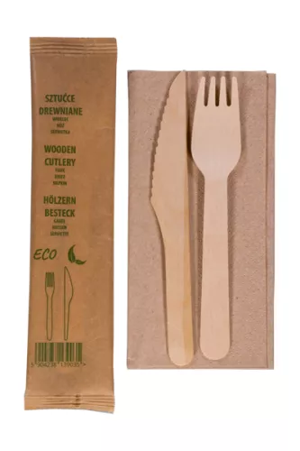 Zestaw – widelec, nóż drewniane; serwetka eco natural; w papierku