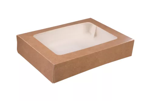 Pudełko papierowe 26×19×5 cm (HP11) barierowe kraft z okienkiem do sushi, ciast i nie tylko