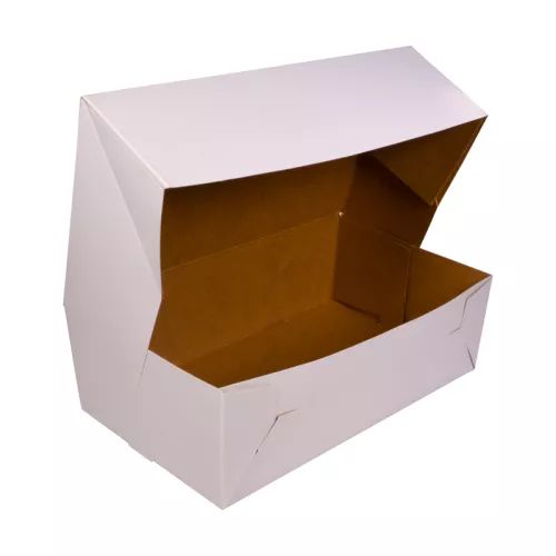 Kartonik na ciasto 25x15x8 cm z klapą, składany z tektury litej, biało-brązowy