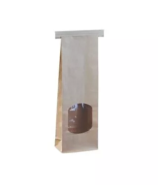 Torebka papierowa szara klockowa 260x90x45 mm z okienkiem i zamknięciem