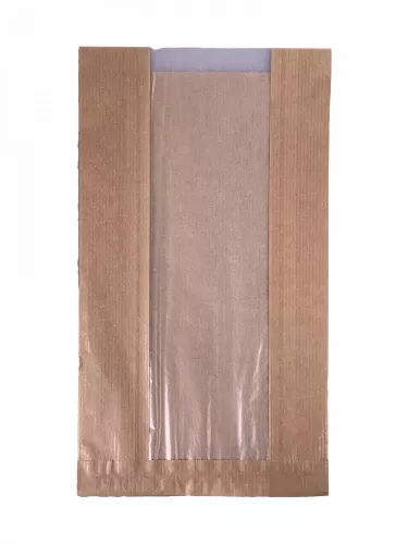 Torba papierowa fałdowa 28x16x8 cm brązowa 100% ECO z okienkiem papierowym