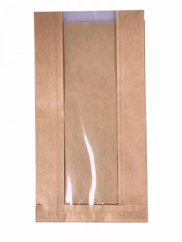 Torba papierowa fałdowa 28x15x8 cm brązowa kraft z okienkiem z folii PP