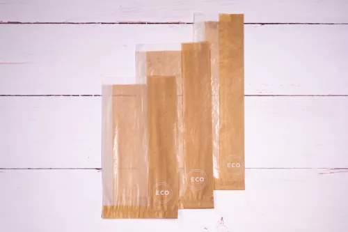 Torba papierowa fałdowa 33x15x4 cm brązowa 100% ECO z okienkiem papierowym w fałdzie