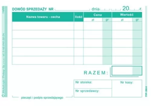Druk akcydensowy dowód sprzedaży (paragon) MiP 260-9, A7, wielokopia, 80k