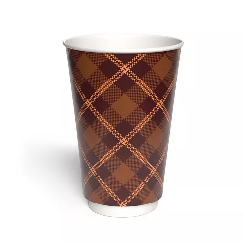 Kubek papierowy 2-warstwowy CIEMNA KRATKA 400 ml śr. 90 mm, brązowy (z logo żółw)
