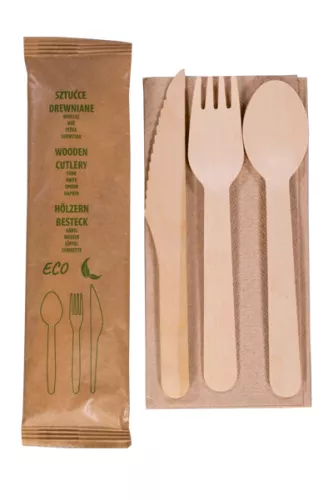 Zestaw – widelec, nóż, łyżka drewniane; serwetka eco natural; w papierku