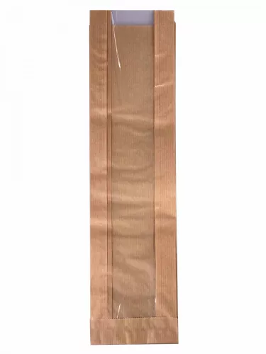 Torba papierowa fałdowa 35x9x4,5 cm brązowa kraft z okienkiem z folii PP