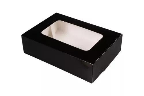 Pudełko papierowe 19×13×5 cm (HP05) barierowe czarne z okienkiem do sushi ciast i nie tylko