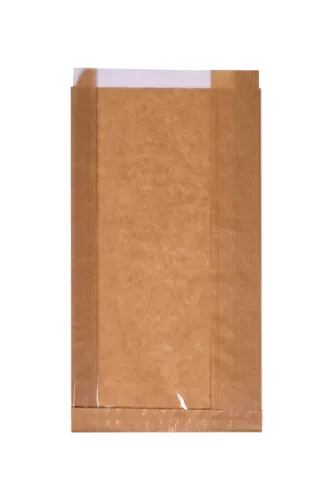 Torba papierowa fałdowa 28x15x4 cm brązowa kraft z okienkiem z folii PP w fałdzie