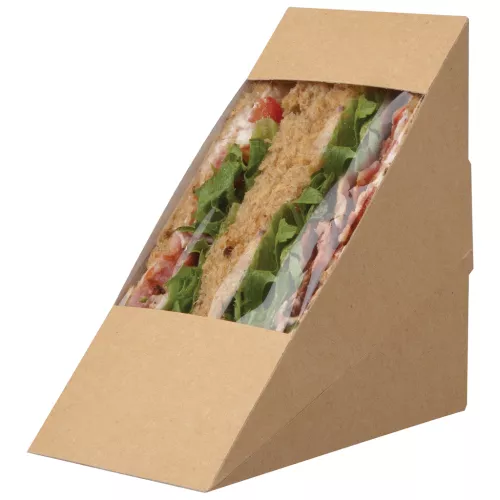 Trójkątne pudełko na kanapki 123x72x123mm brązowe, z okienkiem, take away