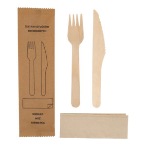 Zestaw – widelec, nóż drewniane + serwetka, w papierku